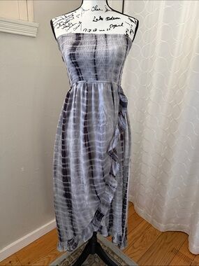 Smocked Strapless Tie-Dye Ruffle Midi Dress - Gray